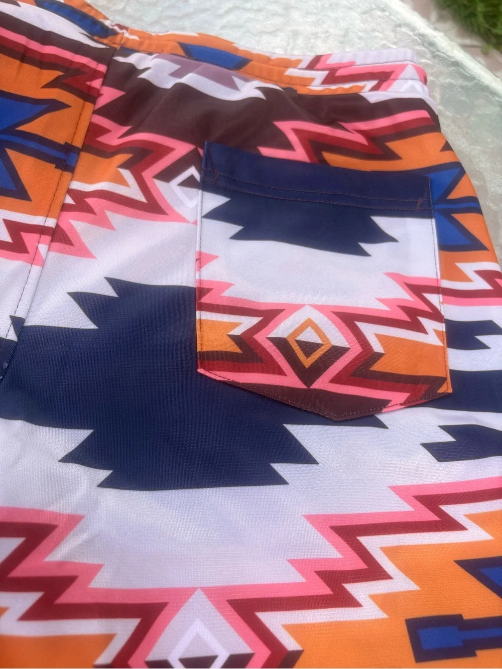 fresh Multicolor Aztec Print Men’s Swim Trunks - Orange, Pink, Blue